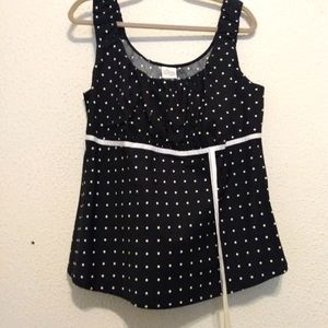 Black White Polka Dot Ribbon Trim Sleeveless Pull Over Top sz 16 W